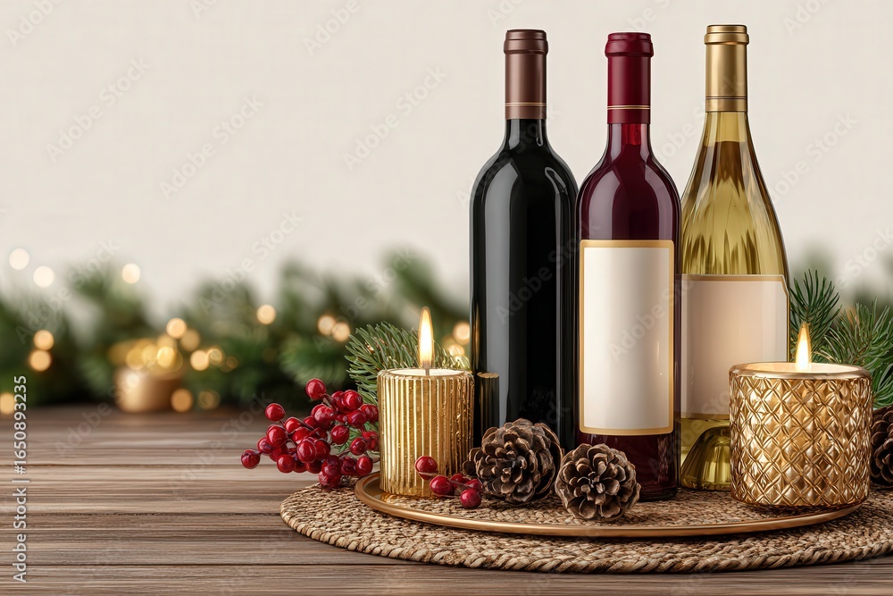 Three wine bottles stand on a decorative tray surrounded by candles, pinecones, and seasonal greenery. The warm ambiance is enhanced by the soft glow of lights in the background.