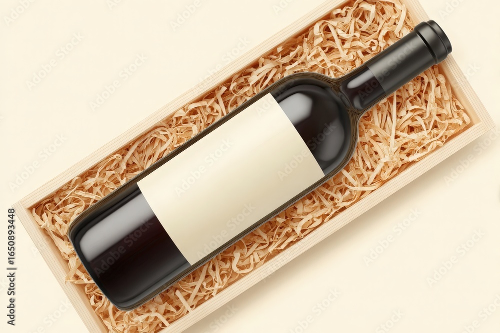 A sleek wine bottle rests in a wooden box filled with natural straw-like filler. The bottle features a blank label, emphasizing its minimalist design. Ideal for gifting or personal enjoyment.