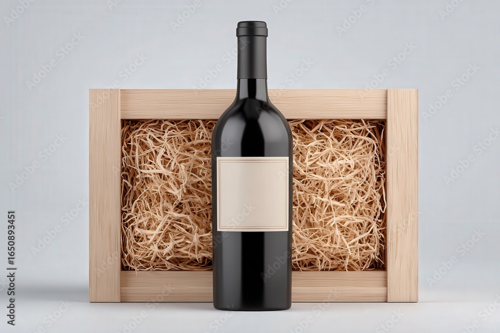 A dark glass wine bottle is presented in a wooden crate filled with straw. The bottle has a blank label and is set against a simple background. This arrangement emphasizes elegance and sophistication.