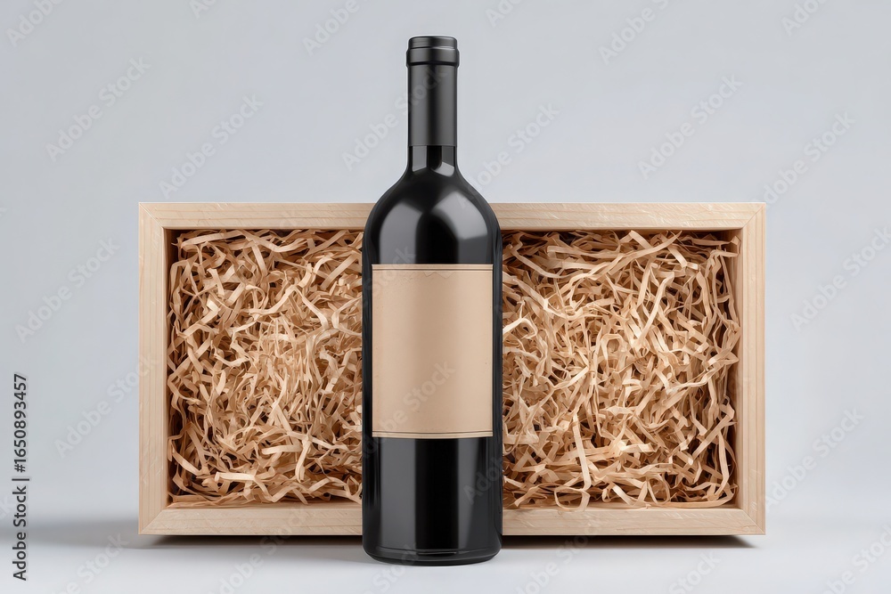 A sleek black wine bottle is displayed inside a wooden box filled with shredded paper for a decorative effect.