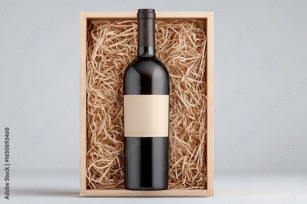 A beautifully crafted wine bottle is nestled inside a wooden box filled with straw, highlighting its elegance. The bottle features a blank label, perfect for personalization.