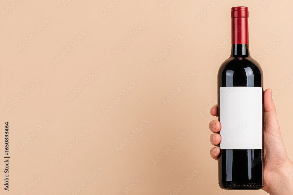 A hand presents a red wine bottle featuring a blank white label, set against a soft beige backdrop. The scene highlights the bottles elegant shape and color, inviting curiosity about the contents.