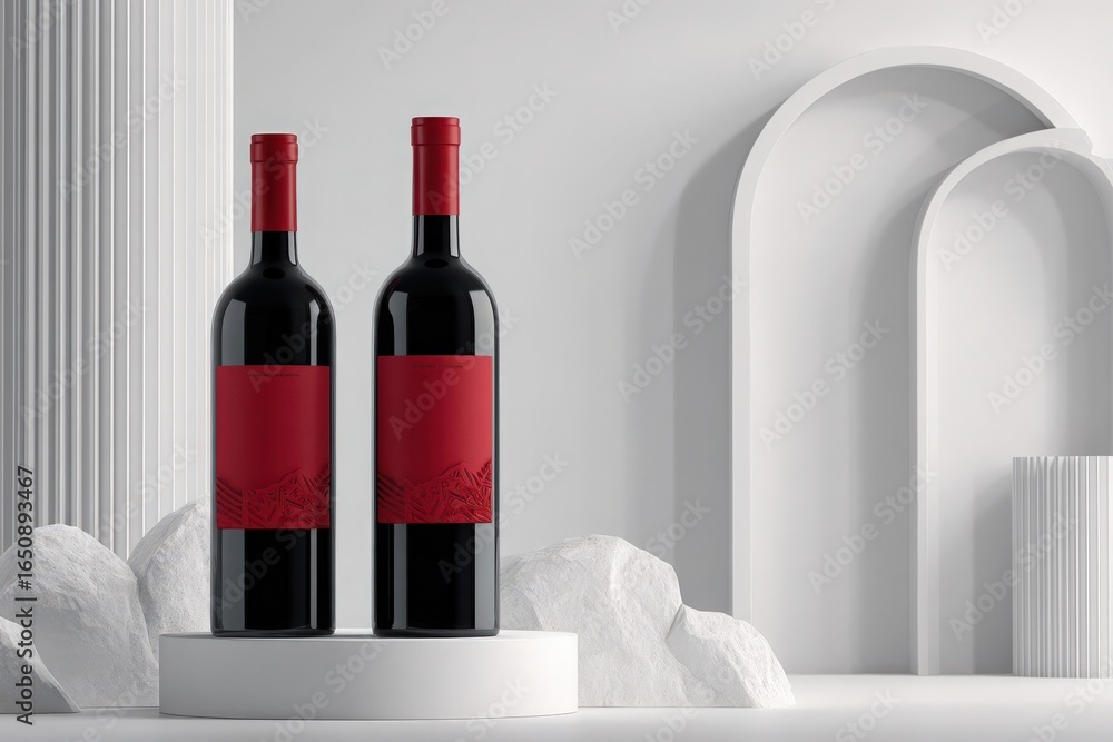 Two sleek red bottles of wine sit on a circular pedestal in a minimalist setting. The background features light-colored architectural elements, enhancing the modern aesthetic.