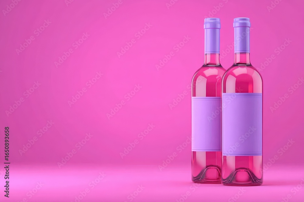 Two elegantly shaped bottles of pink wine stand side by side on a vibrant pink surface. Each bottle features a prominent blank label, inviting creativity for personal designs.