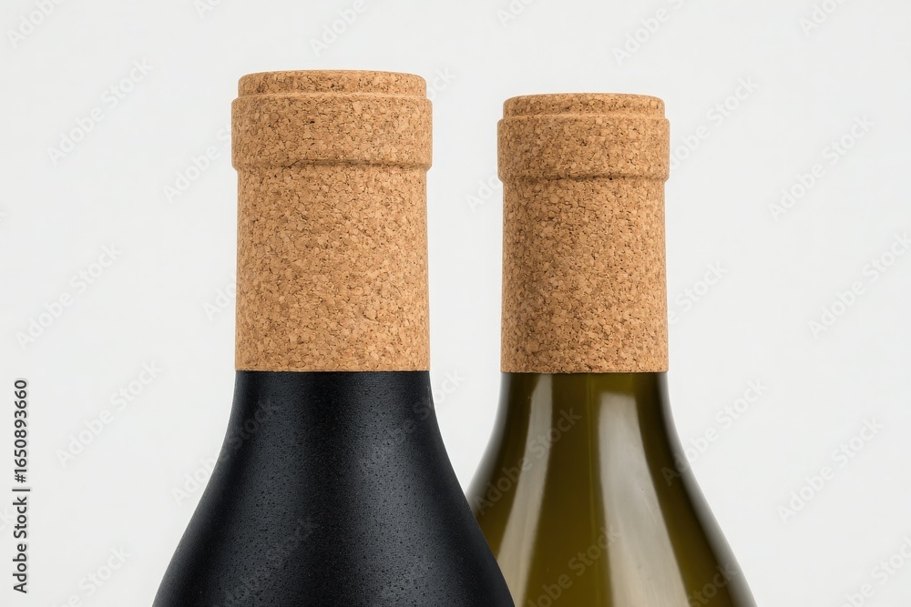 Two wine bottles are shown closely, one in dark glass and the other in light glass. Both feature traditional cork stoppers, highlighting their elegant design and quality.