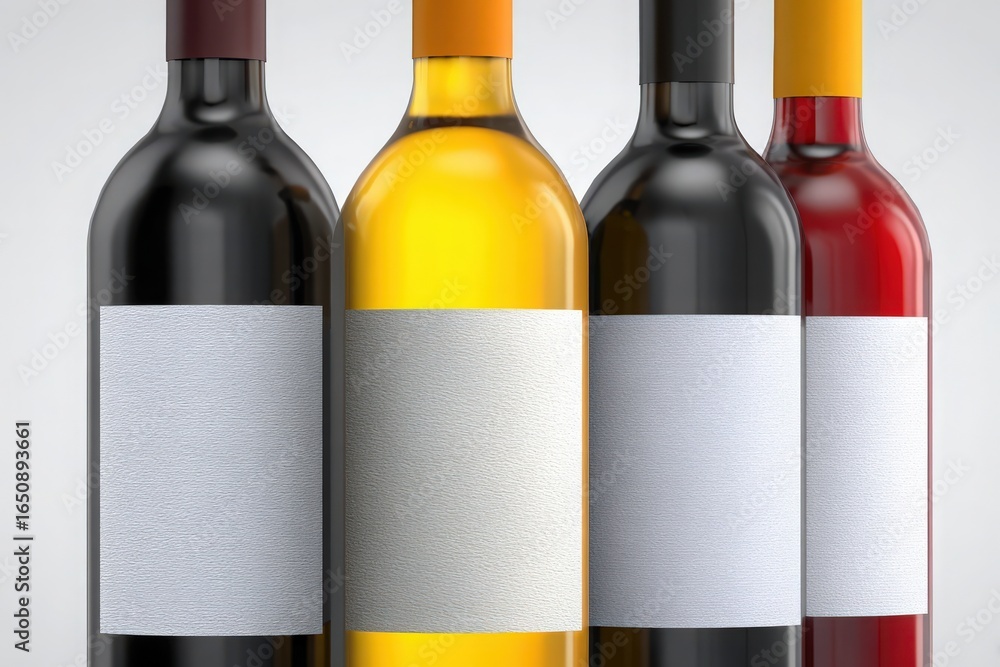 Four distinct wine bottles are displayed upright, showcasing varying colors including red, white, and black.