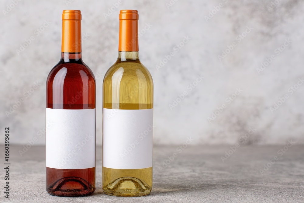 Bottles of rose and white wine stand side by side against a light gray textured backdrop. Both bottles have blank labels, emphasizing their elegant shapes and colors.