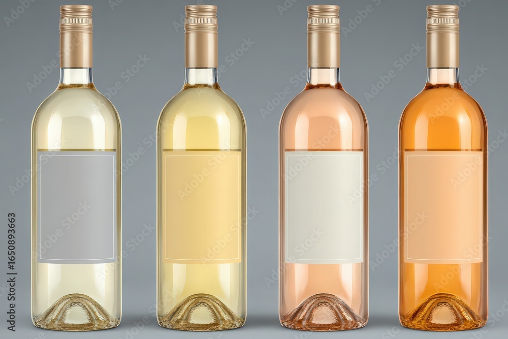 Four distinct wine bottles are displayed side by side, showcasing different colors and styles. The bottles are empty and feature blank labels, set against a simple gray background.