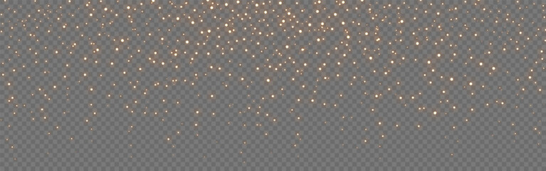 Wall Mural - gold glitter particles falling from above on transparent wide background. light sparkle glow for fes