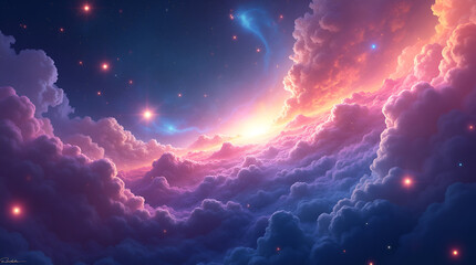 Colorful abstract galaxy with glowing stars, nebula clouds, and cosmic light rays, space background