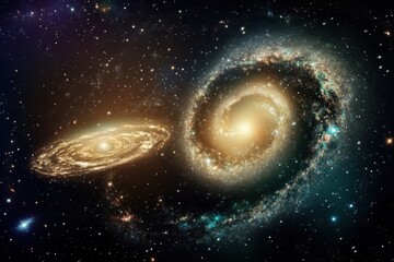 Wall Mural - Two majestic galaxies interacting in the vastness of space during cosmic twilight
