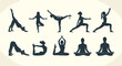 © San - Silhouettes of women in various yoga poses demonstrating flexibility and balance on a light background