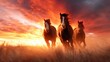 © Dulemegapixel - Three stunning horses gallop across an open field during a breathtaking sunset, illuminating the scene with fiery colors and capturing the essence of freedom and beauty.