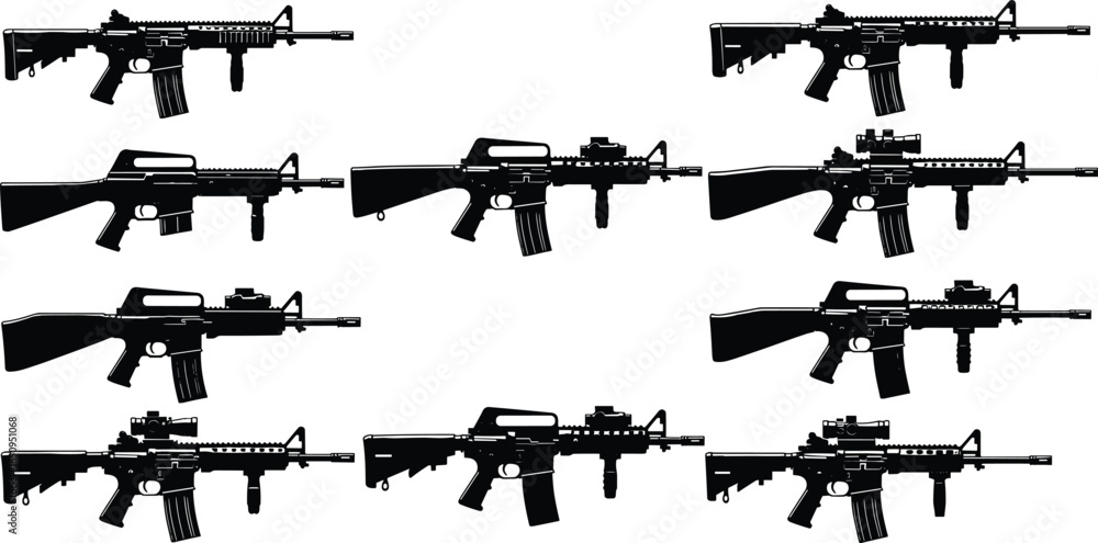 Gun Scope Graphics Design Rifle silhouette set, 10 types, firearm shapes, weapon design, scope ...