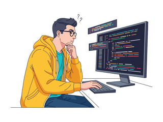 code of thoughts: a young coder immersed in a complex digital landscape, his brow furrowed in contem