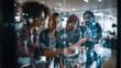 © Aillusionist - A diverse team of professionals collaborating around a futuristic glass display, pointing at a stream of digital data, representing technology and teamwork