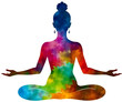 © UmaimaGFX - Woman meditating in lotus pose with a vibrant, colorful, cosmic galaxy pattern filling her silhouette, representing inner peace and universal energy