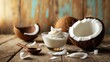 © Sona - Fresh coconut with coconut yogurt or cream in a glass, on a rustic wooden background. Healthy food and snack concept, tropical fruit and dairy. The concept of freshness and natural ingredients