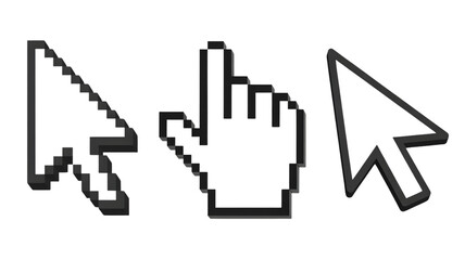 Three computer mouse pointers including classic arrow and hand cursor on a white background design element