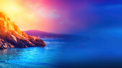Wall Mural - vibrant sunset over rocky coastline with calm sea reflecting colorful sky and distant hills