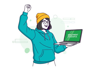 Code Deployment Triumph: A young techie celebrates a successful code deployment, computer with deployment successful displayed on the screen and her arm in the air.