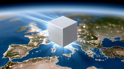 Wall Mural - digital future intelligent ai core floating cube emitting data streams over europe in a gigapixel st