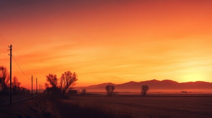 Wall Mural - serene sunset over a quiet rural landscape with silhouetted trees and distant mountains at twilight
