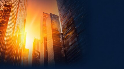 Wall Mural - sunset illuminating modern skyscrapers in a bustling urban landscape with reflections and shadows
