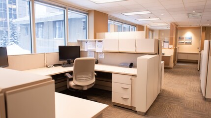Modern office interior with cubicles, computer stations, and snow-covered windows in the background