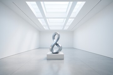 Wall Mural - abstract metallic infinity loop sculpture in bright white modern gallery under skylight ceiling, sym