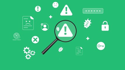 Virus and errors scanning on the green screen 4k animation with magnify glass and threats design. Virus, error