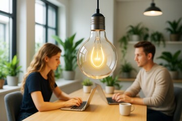 Wall Mural - creative workspace with large glowing light bulb, man and woman working on laptops in modern office 