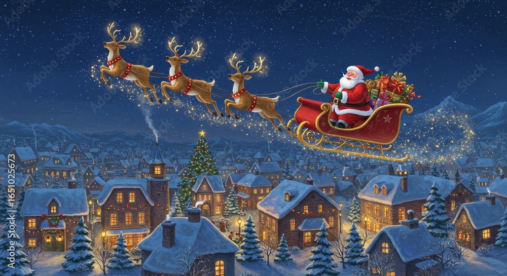 Santa's Christmas Eve Flight - Santa Claus in his sleigh pulled by ...