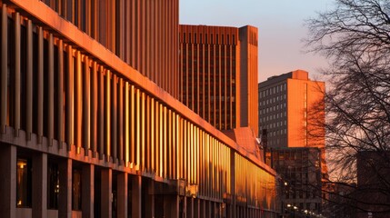 Wall Mural - sunset casts warm hues on modern architectural buildings, showcasing urban design against a twilight