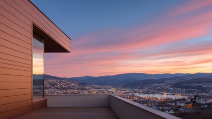 Wall Mural - modern architectural view of a balcony overlooking a vibrant sunset cityscape with mountains in the 