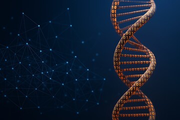 Wall Mural - dna double helix with binary code pattern and connected network nodes on dark background symbolizing