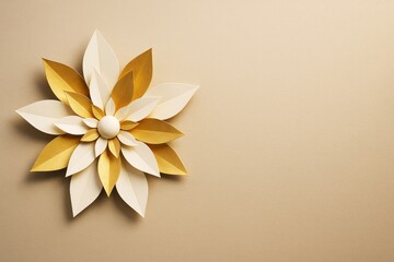 Wall Mural - elegant white and gold paper flower composition on beige background with soft lighting and minimalis