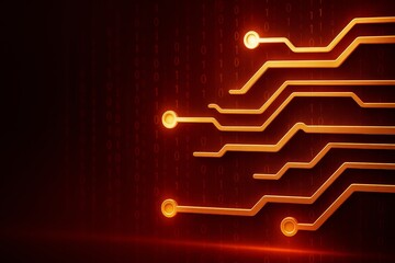 Wall Mural - glowing orange circuit lines on dark binary digital background with futuristic abstract tech pattern