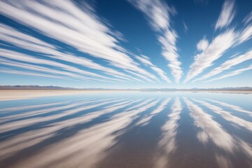 Wall Mural - surreal sky and cloud reflections over a calm water surface creating a dramatic abstract light backg