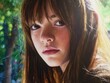 © TAO - A hyper-realistic portrait of a young teenage girl with long brown hair, bangs, and big eyes, looking directly at the camera in an outdoor setting, capturing her natural expression and features.