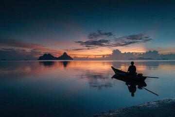 Wall Mural - Silhouette of a man in a boat on calm sea with island at colorful sunset. Ideal for travel, relaxation, meditation, or finding peace and quiet concepts.