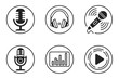© MSTJOSNA - Set of audio and podcast icons including microphones, headphones, and play button isolated on white background