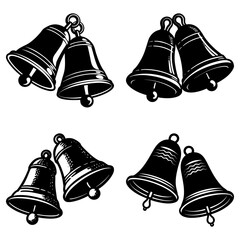 Illustration of four sets of black and white christmas bells with ringers and decorative lines design