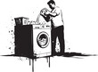 © orion - Monochrome illustration of a person doing laundry, adding deterg