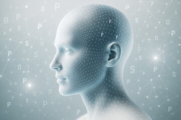 Wall Mural - abstract digital human head with wireframe mesh and glowing particles on light background representi
