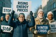 © Pixels Hunter - Elderly people protesting rising energy costs during winter in urban setting, holding signs expressing concern and demands for change outdoors. Ai generative