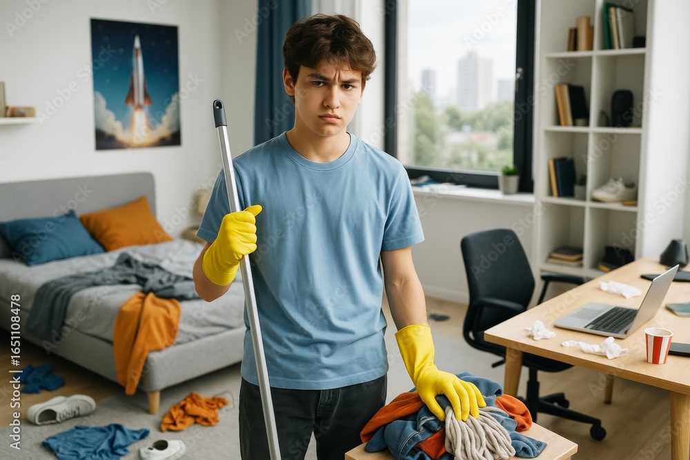 Frustrated teen boy cleaning messy bedroom while wearing yellow gloves ...