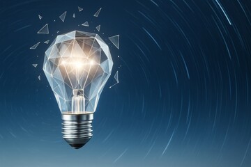 Wall Mural - abstract geometric light bulb emitting glow with shattered glass effect on dynamic night swirl backg