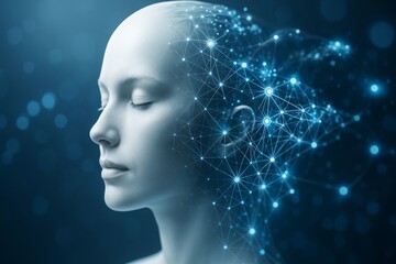 Wall Mural - futuristic human head with neural network connections on blue background representing artificial int