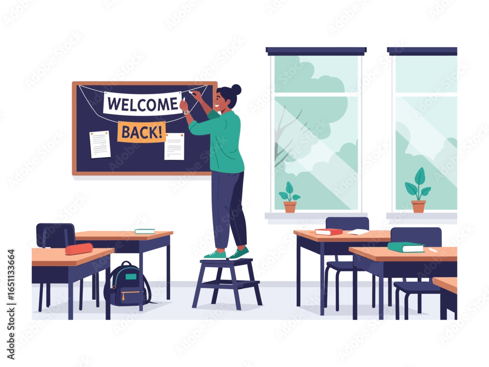 Welcome Back Preparation in Classroom: A student prepares a classroom ...